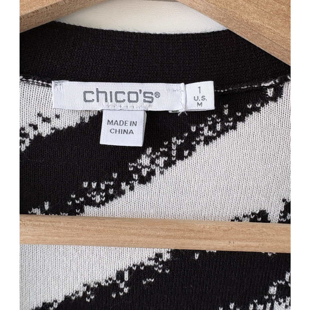 Chicos Black White Abstract Open Front Cardigan Longline Sweater Bold Artsy M - Picture 2 of 15
